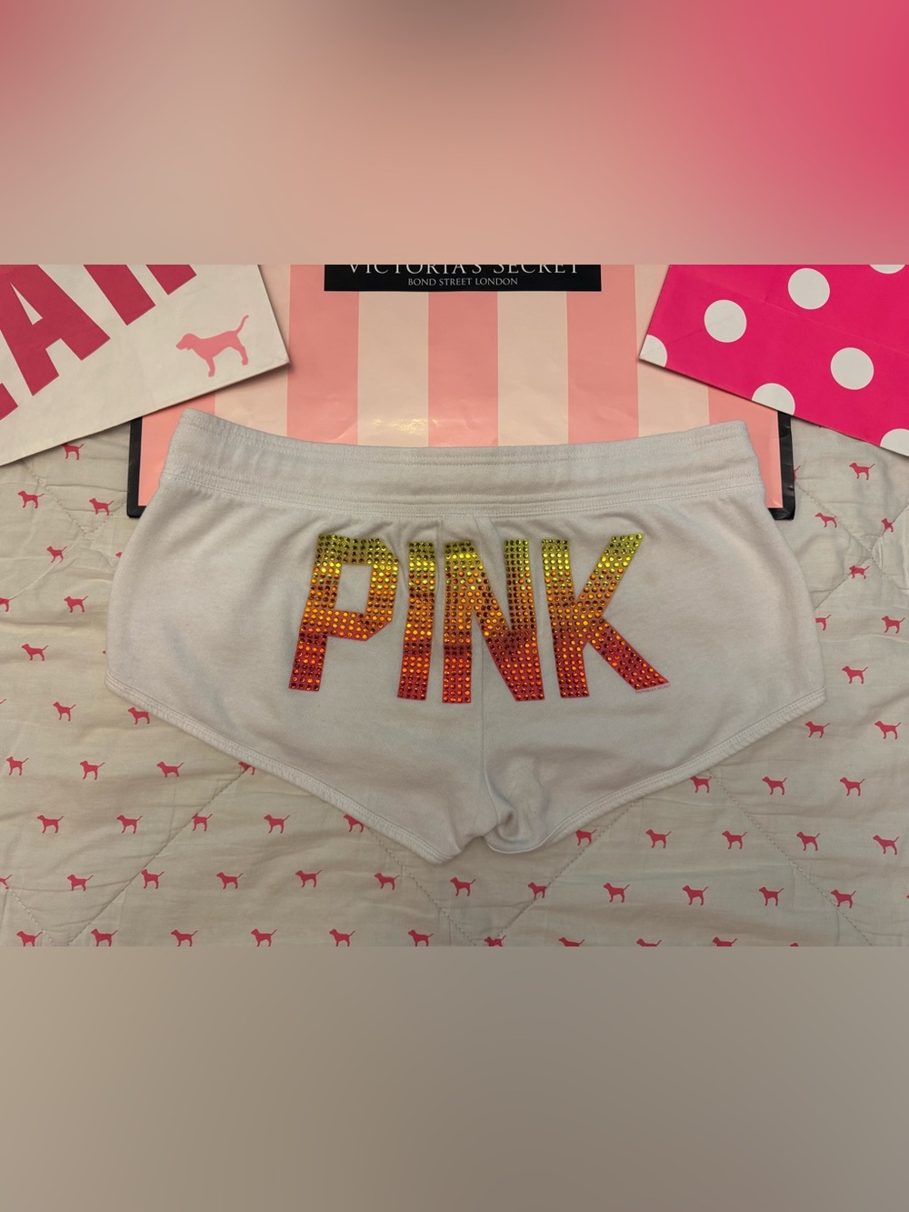 VS PINK VINTAGE Y2K VARSITY BOOTY SHORTS WHITE OMBRÉ BLING DOG PUP LOGO RARE S